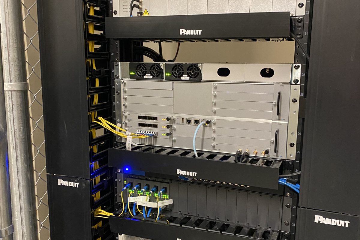 Structured cabling and network equipment inside a medical center telecommunications room